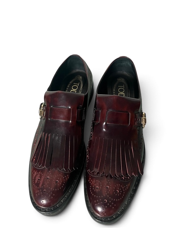 Tod's Shoes - Tod's Burgundy Kiltie Fringe Leather Loafers with Side Buckle SZ 8